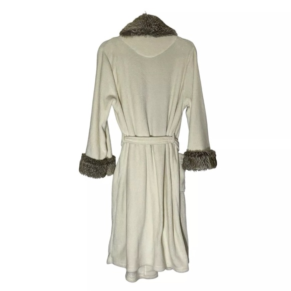 Patricia Altschul Ivory Faux Fur Trim Cozy Soft Belted Robe Med - Large Pockets - Picture 7 of 11